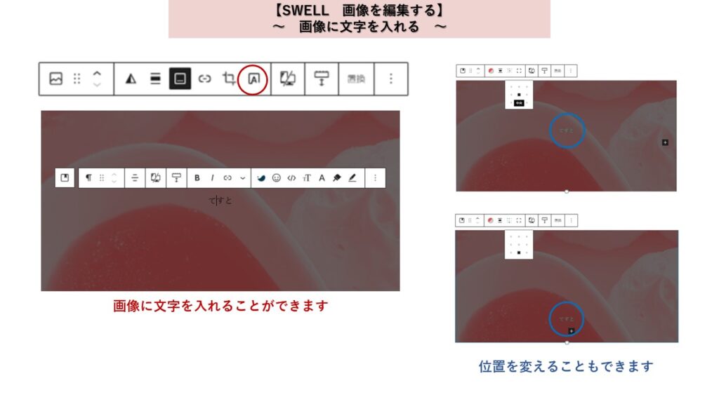 Wordpressテーマ　SWELL　画像をはりつける　画像に文字を入れる